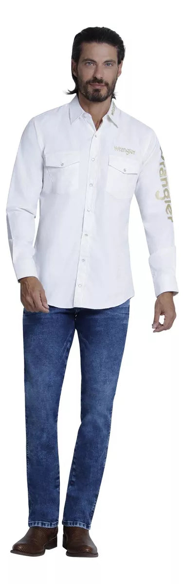 Camisa Wrangler Caballero Logo Dorado Blanca 112345943001