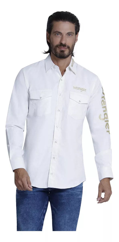 Camisa Wrangler Caballero Logo Dorado Blanca 112345943001